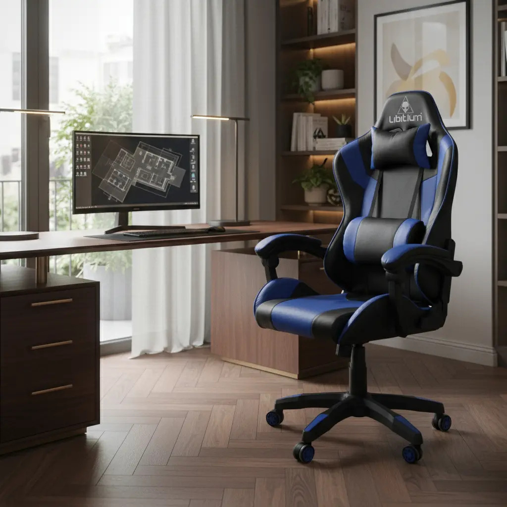 Silla Gamer Libitium GAME-AZ Negra Azul Ergonómica Giratoria Reclinable