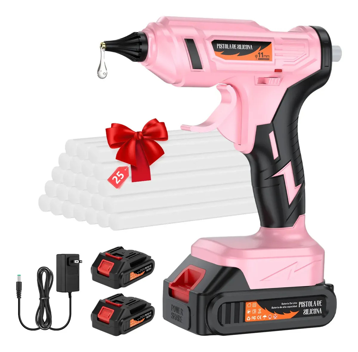 ULTFOE 200w/11mm Pistola De Silicon Caliente Eléctrica Glue Gun Inalámbrica Recargable 25 Barras Para Manualidades Con 2 Batería Rosa
