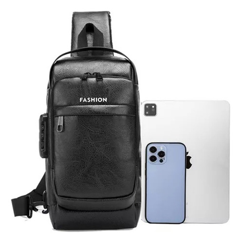 Mochila Pechera Cruzada Antirrobo + Impermeable + Usb Negro Lisa
