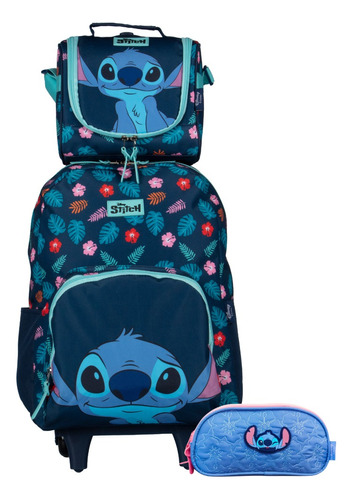 Kit Mochila De Rodinha + Lancheira E Estojo Stitch - Disney