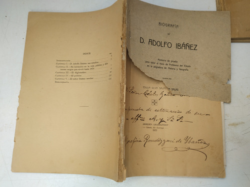 Biografía Adolfo Ibáñez 1920 Edulia Silva . Firma Dedicación