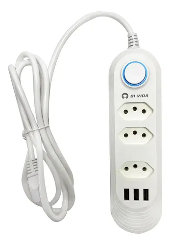 Extensão Elétrica 3 Tomadas Régua Bivolt C/ 3 Usb Cabo 2m