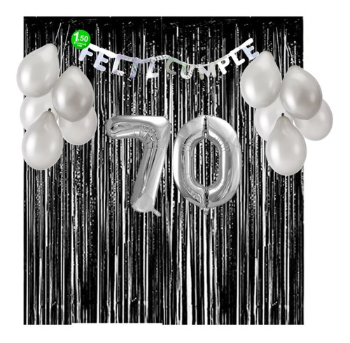 Kit Decoración Cumpleaños - 70 Años - Negro Y Plateado  