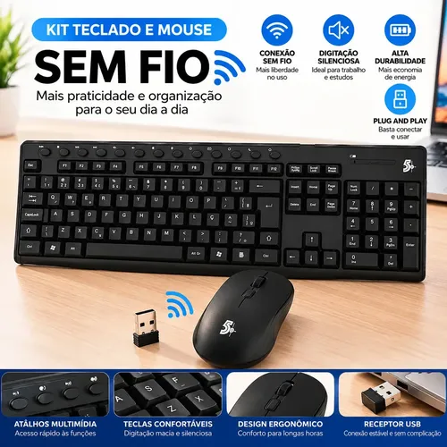 Combo Teclado Abnt2 + Mouse Sem Fio Usb Office - 015-0079 5+ Cor do mouse Preto Cor do teclado Preto