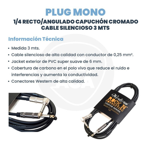 Imagen 2 de 4 de Cable Instrumento Guitarra Bajo Western 3mts Recto Angulado