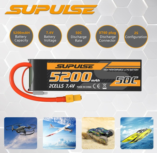 Batería Lipo 7.4v 5200mah 2s Xt60 Automodelismo Supulse