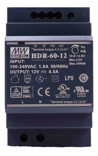 Fonte de alimentação de 4,5 A 12vdc: 85-264v Meanwell Hdr-60-12