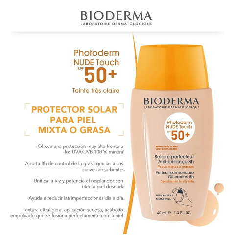 Bioderma Fotoprotector Nude 50+  Tono Claro 40 Ml