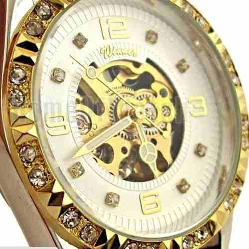 Relógio De Luxo Skeleton Feminino Strass Dourado Winner