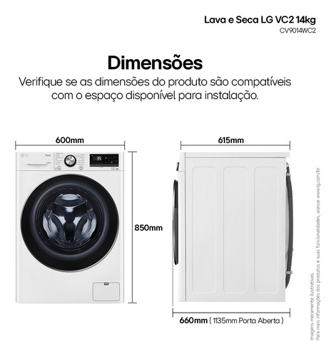 Lava E Seca LG Smart Vc2 14kg Branca Com Ia Cv9014wc2 - 127v