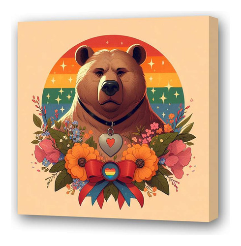 Cuadro 30x30cm Oso Gay Pride Bandera Orgullo Flores