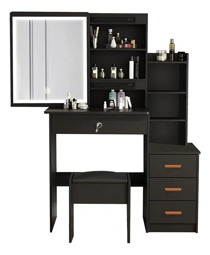 Tocador De Dormitorio Con Espejo Led Moderno Incluye Taburet Color Negro-2
