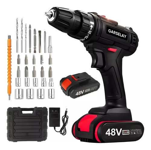 Taladro Electrico Atornillador Inalámbrico Impacto Kit Con Baterías Color Negro Garselay