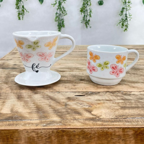 Coador De Café Em Porcelana + Xicara 200ml - Borboletas