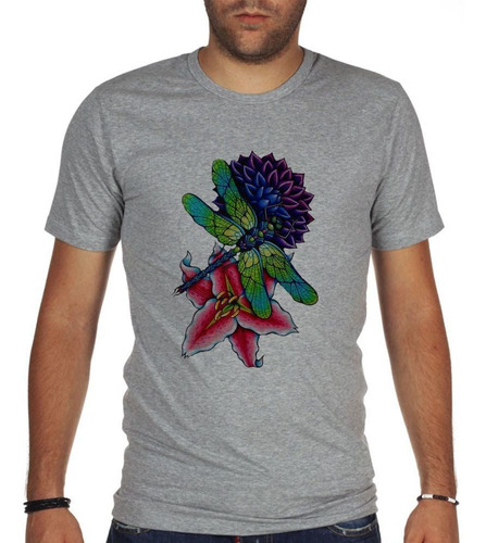 Remera De Hombre Libelula Flores Verde Insecto Fragon Fly