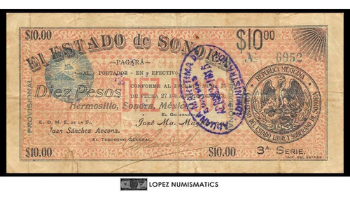 Hermosillo, Sonora 10 Pesos 1913 - Escaso