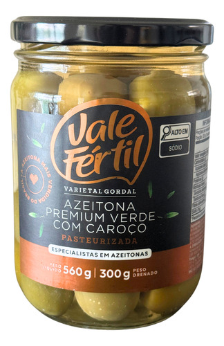 Azeitona Verde Premium Gordal Com Caroço Vale Fértil Intera Com Caroço Verde Premium Pasteurizada Em Vidro Sem Glúten 300 G