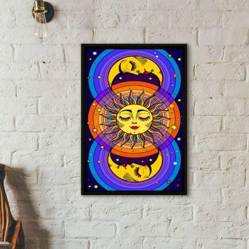 Quadro Místico Sol E Lua Colorido 45x34cm Moldura Preta