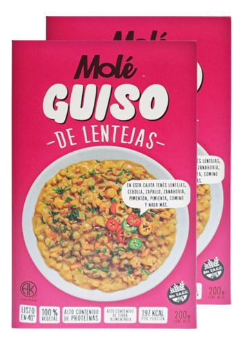 Guiso De Lentejas Mole 100% Vegetal Sin Tacc  200gr Pack X2