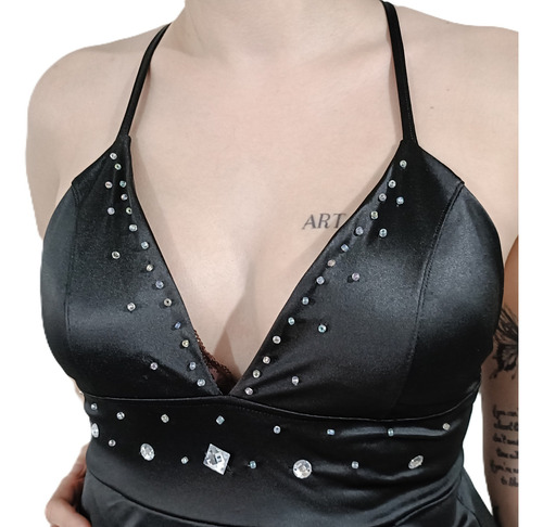 Vestido Negro Simil Raso De Fiesta Con Tajo 2 Seleccion