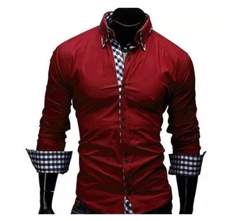 Camisa Social Lisa Masculina Xadrez Vinho Slim Fit Justa  