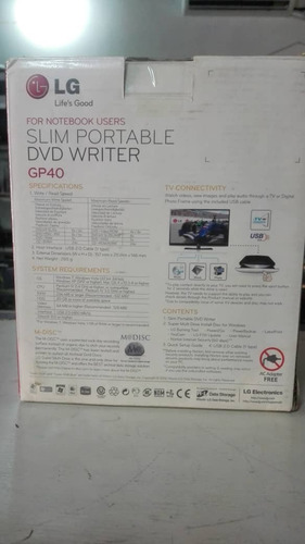 Imagen 2 de 5 de Dvd Writer Slim Portable Marca LG Modelo Gp40 Usb 2.0