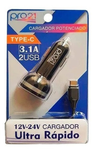 Cargador Rápido Celular Auto 3.1a 2 Usb + Cable Usb A Tipo C