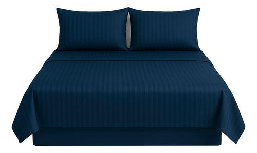 Juego De Sábanas King Size Dobby Suave Diseño Rayado 4 Pieza Azul Oscuro Rayas