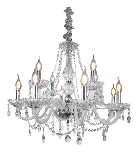 Lustre Candelabro 12 Braços Pingentes Cristal K9 Alto Brilho