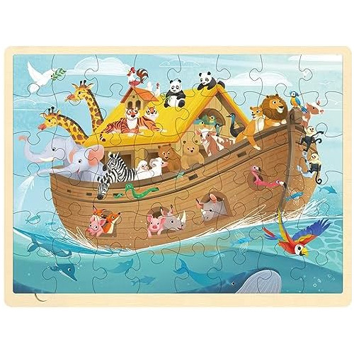Wooden Noah's Ark Puzzle For Kids Ages 3-5, 48 Piece Pu...