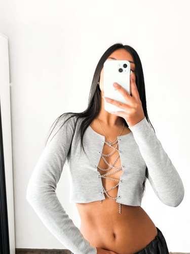 Crop Top Mujer Manga Larga Remera Tiras Cadena Sexy Moda