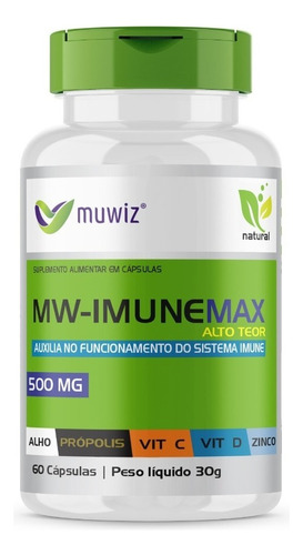 Mw Imune Max Muwiz Alto Teor 60 Cápsulas 500mg P/ Imunidade Sabor Sem Sabor