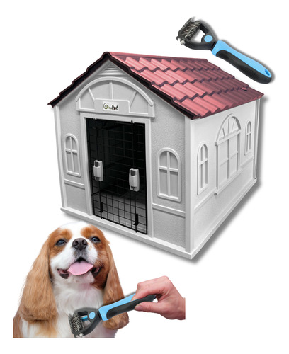 Casa Para Perros 98x84x82 Termica + Cepillo Deslanador Combo Azul