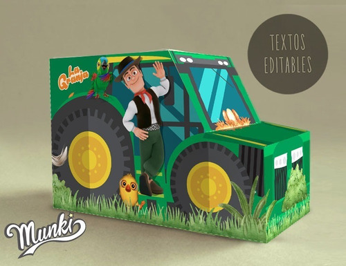 Caja Imprimible Golosinas Tractor Zenón Verde Texto Editable