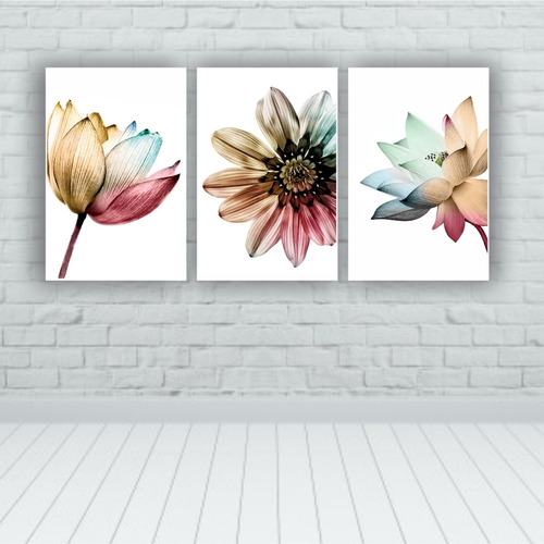 Imagem 2 de 5 de Quadros Decorativos 3 Pçs 20x30 Floral Colorido Flores