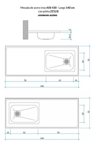 Mesada Cocina Johnson Acero Inoxidable 140x52 Cm Con Bacha Simple - Reversible Derecha O Izquierda