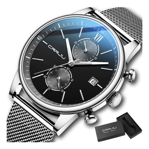 Reloj Cronógrafo Con Calendario Empresarial Crrju Mesh Belt Color Del Fondo Silver Black