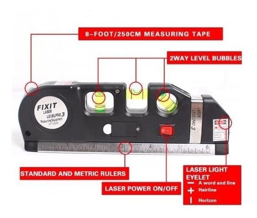 Nivel Laser 3 Burbujas Horiz, Vertical Y Cruz. Cinta 2,5mts