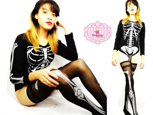 Imagen 1 de 3 de Dizfras Esqueleto Hueso Hallowen Gotico Sexy Leotardo Medias