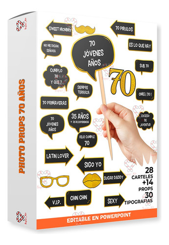 Kit Imprimible Photo Props 70 Años Carteles Editables Selfie