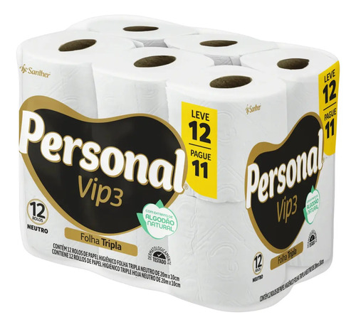 Pacote Papel Higiênico Vip3 Folha Tripla 12 Rolos Personal