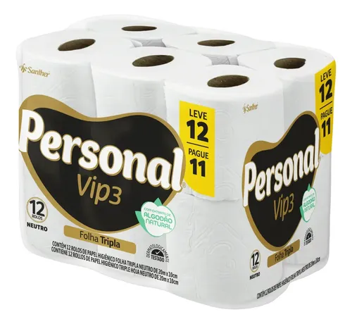 Pacote Papel Higiênico Vip3 Folha Tripla 12 Rolos Personal