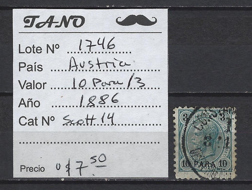 Lote1746 Austria 10 Para/3 Kreuzer Año 1886 Scott# 14 Ocupac