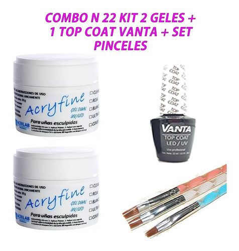 2 Gel Uv + Topgel Construcción Uñas Esculpida 30g + Pinceles