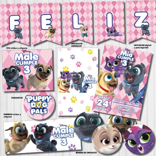 Kit Imprimible Personalizado Puppy Dog Pals Candy Deco Invit