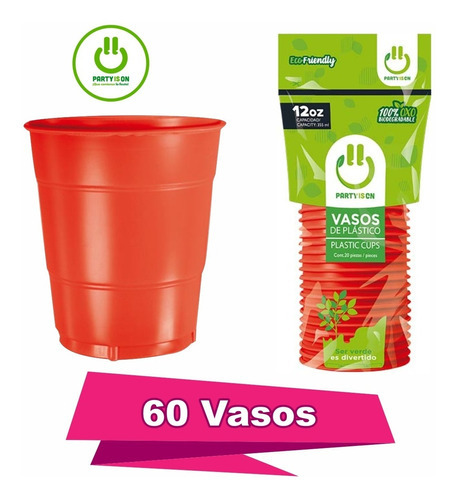 Vaso De Plástico Desechable 12 Oz. Party Is On - 60 Piezas Color Rojo