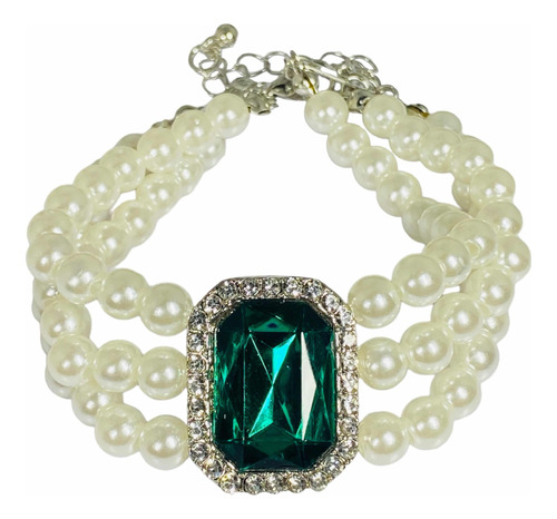 Pulsera Perlas Cultivadas Y Cristal Verde Esmeralda De Imita