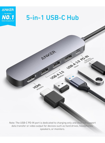 Hub Usb-c Anker (5 En 1), Hdmi 4k@30hz Con 100 W De Poten...