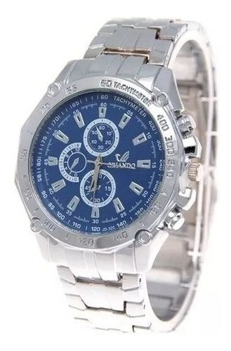 Relógio Quartz Masculino Aço Cromado Fundo Azul M/ Orlando