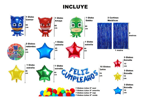 Decoración Globos Feliz Cumpleaños Heroes En Pijama Pj Mask Color Azul